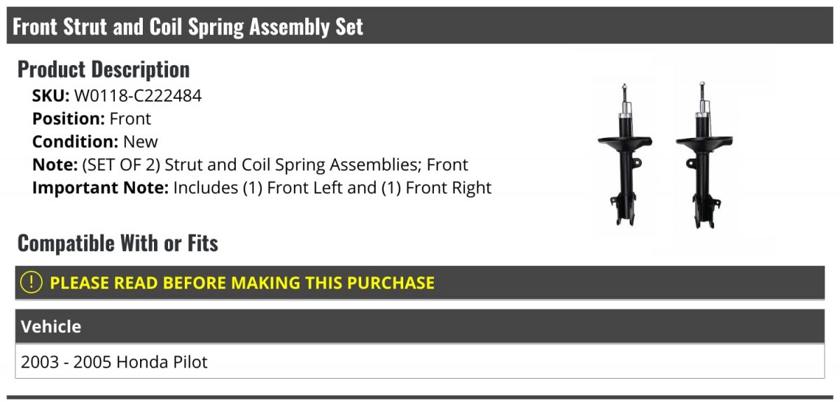 Front Strut And Coil Spring Assembly Set 2 Piece For 2003-2005 Honda Pilot
