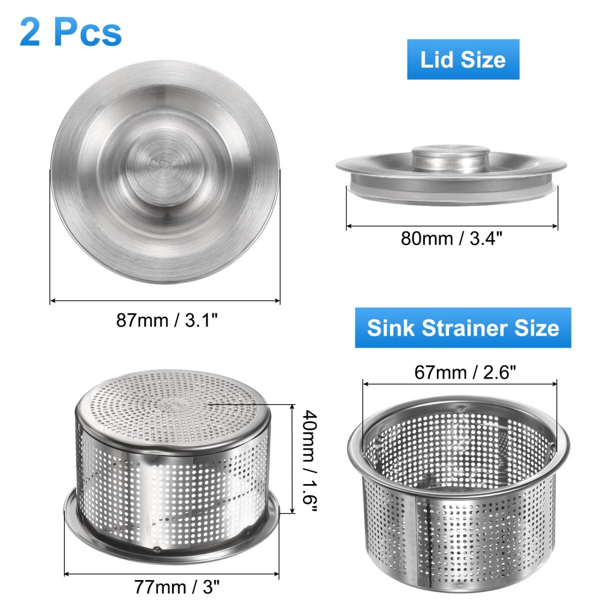 Kitchen Sink Strainer Stoppers With Handle And Lid 2 Pack Stainless Steel Drain Filter Kit For Bathroom Sinks 6 In X 3 1