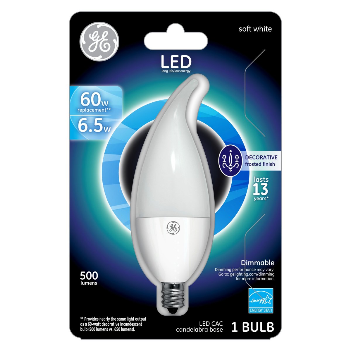 Ge Lighting 36746 Dimmable Led 7 45-watt Replacement 500-lumen Candle Light Bulb With Candelabra Base 1-pack Daylight