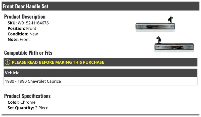 Front Door Handle Kit 2 Piece Chrome For 1980-1990 Chevy Caprice