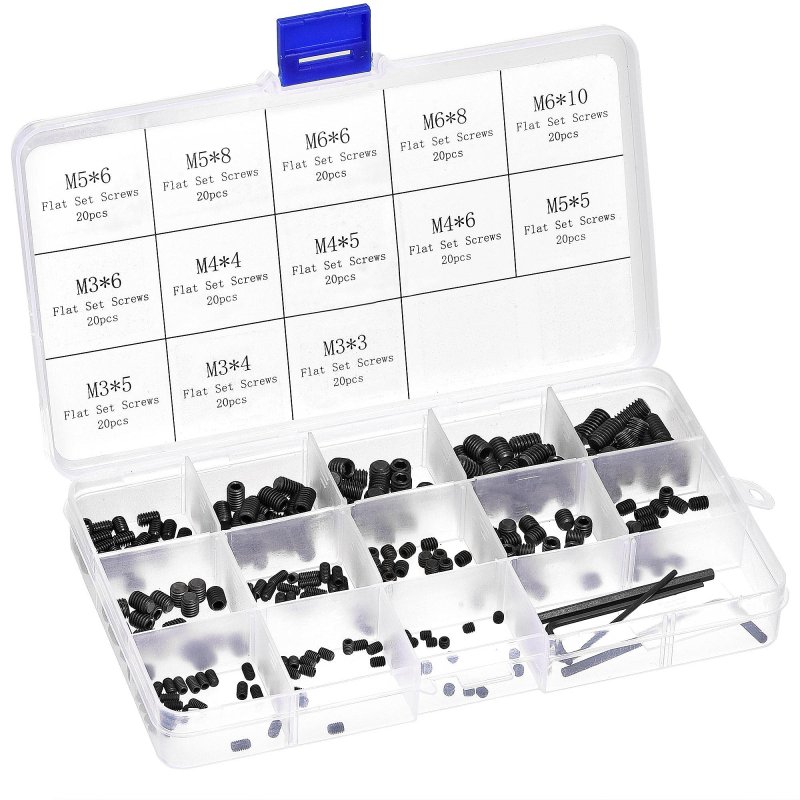 Hex Socket Set Grub Screws M3 M4 M5 M6 Metric Carbon Steel Flat Point Assortment Kit With 4 Wrenches 1set