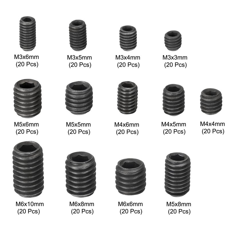 Hex Socket Set Grub Screws M3 M4 M5 M6 Metric Carbon Steel Flat Point Assortment Kit With 4 Wrenches 1set