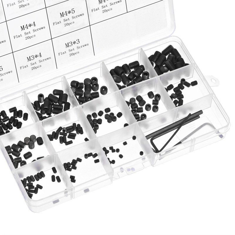 Hex Socket Set Grub Screws M3 M4 M5 M6 Metric Carbon Steel Flat Point Assortment Kit With 4 Wrenches 1set