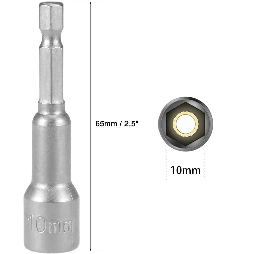 5 Pieces 10mm Nut Driver Bits 1 4 In Hex Shank Magnetic Socket Metric Impact Drill Bit 65mm Length Chrome Vanadium Steel