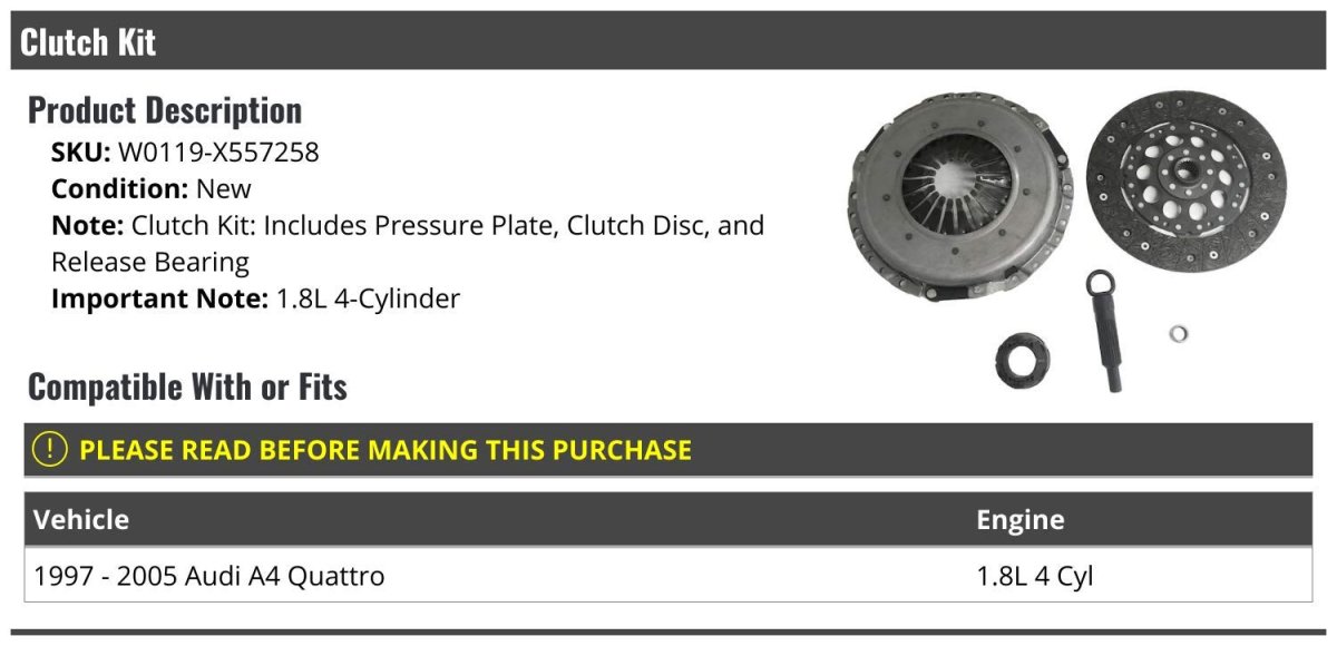 Clutch Kit For 1997 To 2005 Audi A4 Quattro 1 8l 4 Cylinder Includes Pressure Plate Disc And Release Bearing W0119-x557258