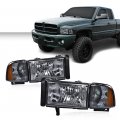 G-plus Headlight Lamps Compatible With 1994-2001 Dodge Ram 1500 1994-2002 2500 3500 Smoky Lens Chrome Housing Amber Reflector