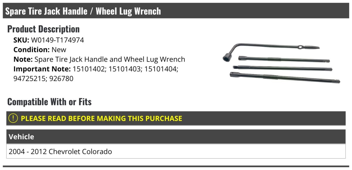 Spare Tire Jack Handle Wheel Lug Wrench For 2004-2012 Chevy Colorado