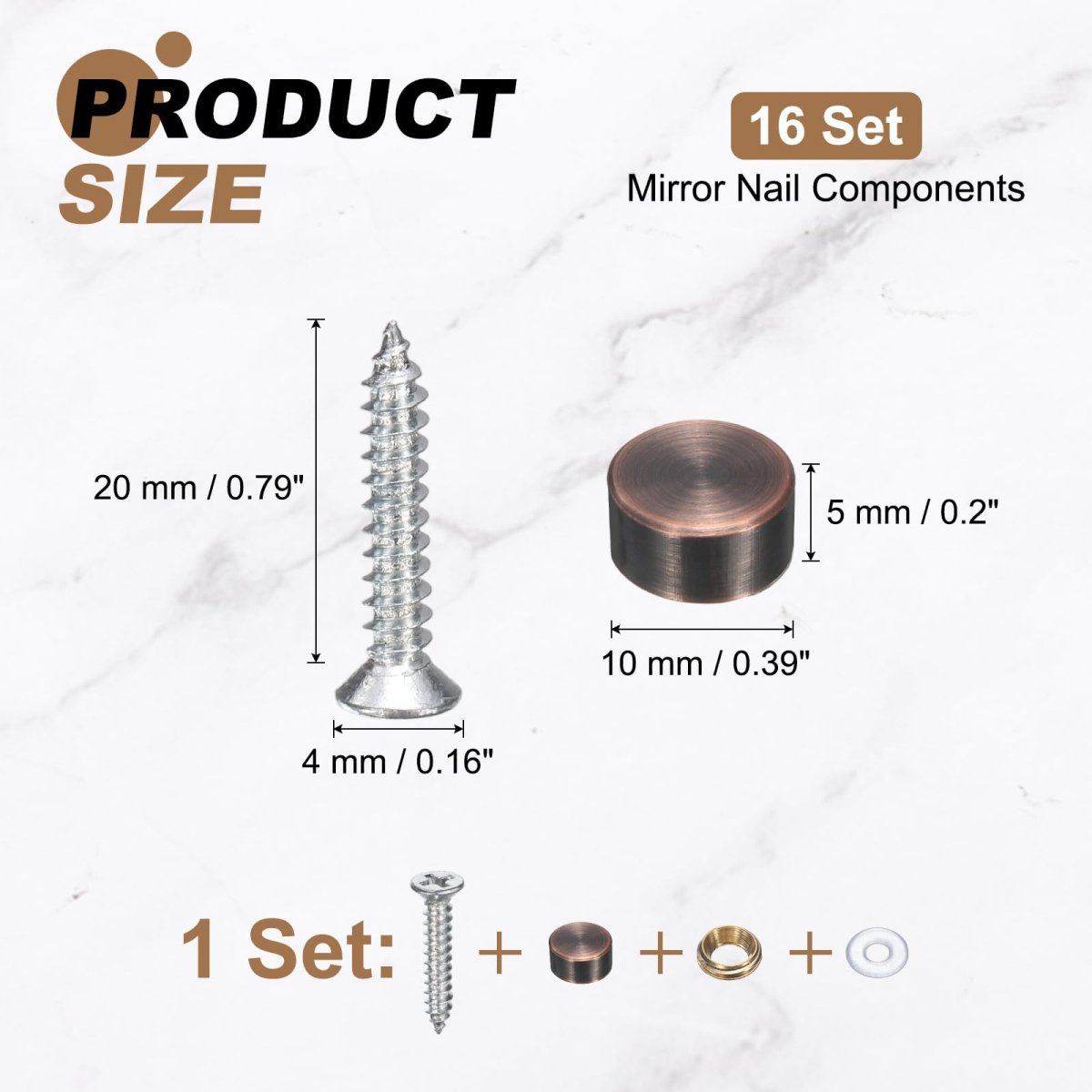 16pcs Brass Decorative Screws With Caps 10mm Mirror Cover Self-tapping For Furniture Cabinet Fixing Red Bronze