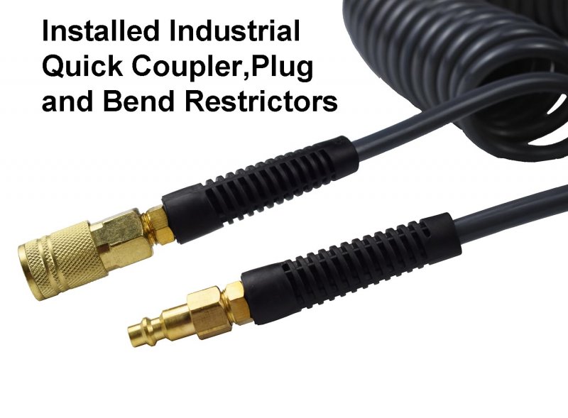 Polyurethane Recoil Air Hose 3 8 Inner Diameter 50 Ft Long Repairable 1 4 In Industrial Quick Coupler And Plug Bend Restrictor