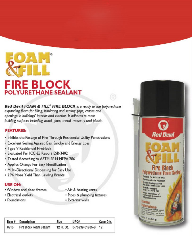 Red Devil 0915 Fire Block Foam 12ounce Orange