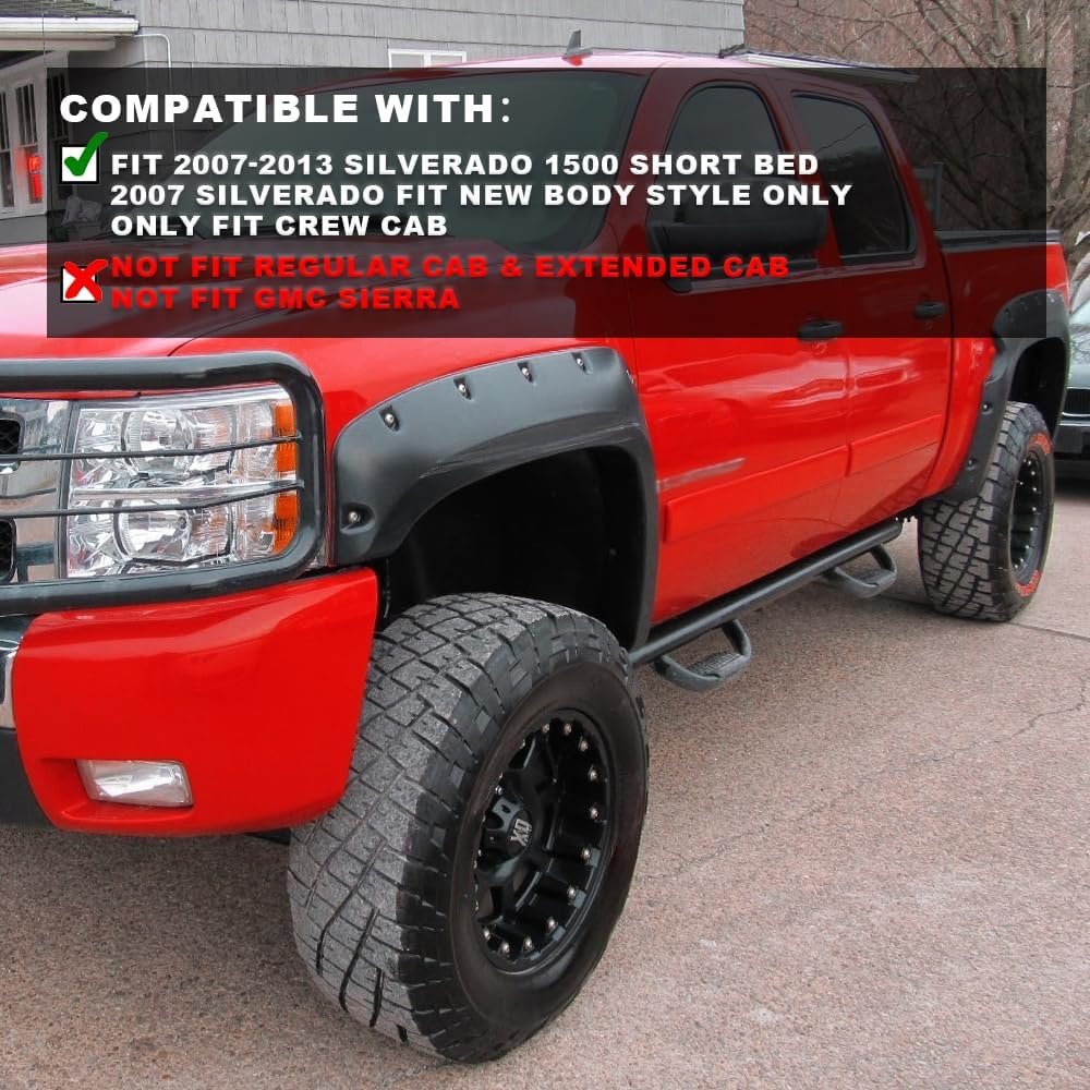 Fender Flares For 2007 2013 Chevy Silverado 1500 5 8 Ft Short Bed Crew Cab Textured Riveted Style Black Wheel Protector Cover 4