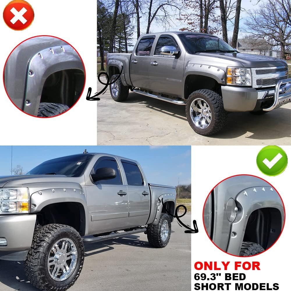 Fender Flares For 2007 2013 Chevy Silverado 1500 5 8 Ft Short Bed Crew Cab Textured Riveted Style Black Wheel Protector Cover 4
