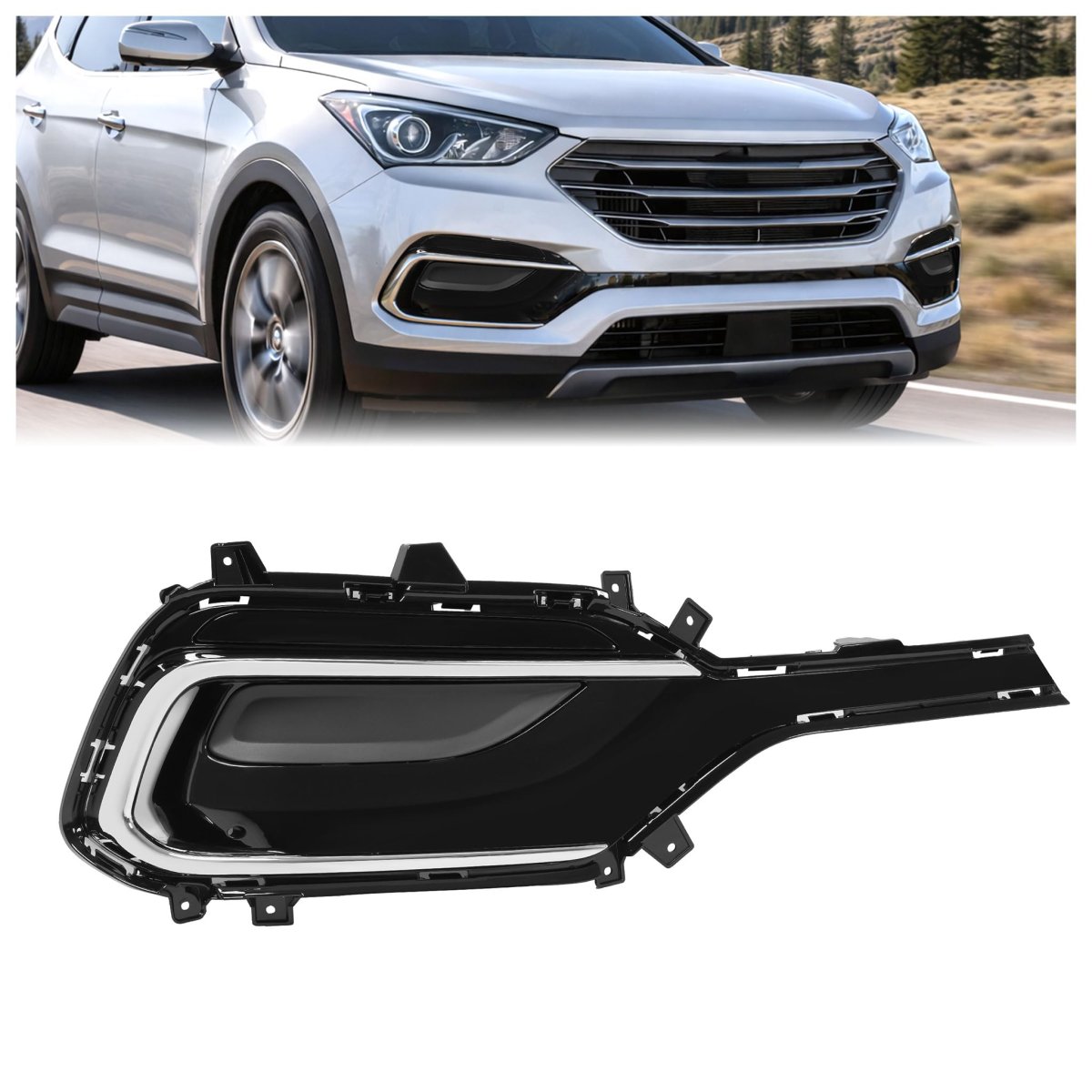 Right Fog Light Bezel For 2017 Hyundai Santa Fe Sport Front Bumper Lamp Trim Cover Painted Black And Chrome Silvery Passenger