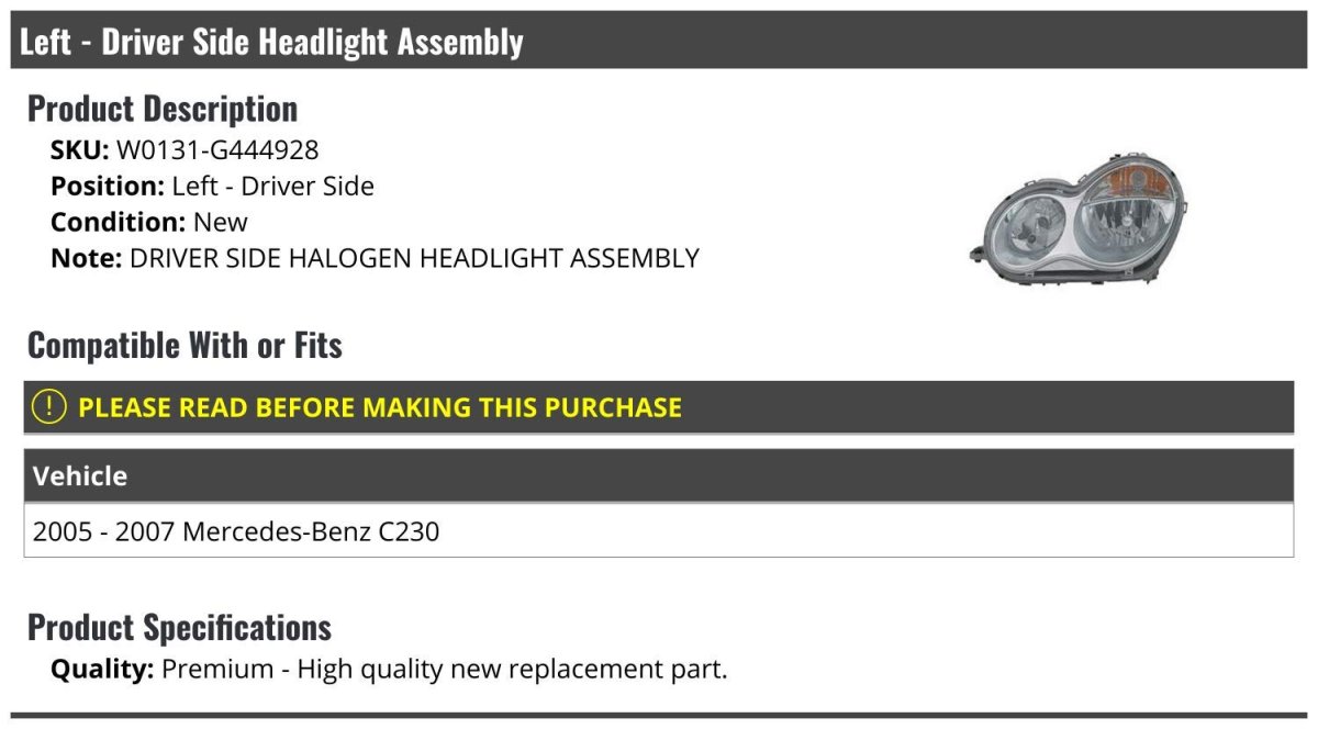 Left Driver Side Halogen Headlight Assembly For 2005-2007 Mercedes Benz C230