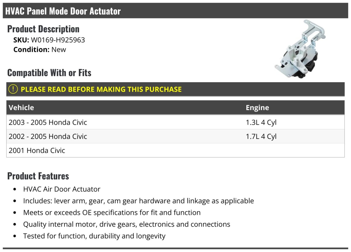 Hvac Panel Mode Door Actuator For 2001 2005 Honda Civic W0169-h925963 Plastic Vehicle Specific Fit
