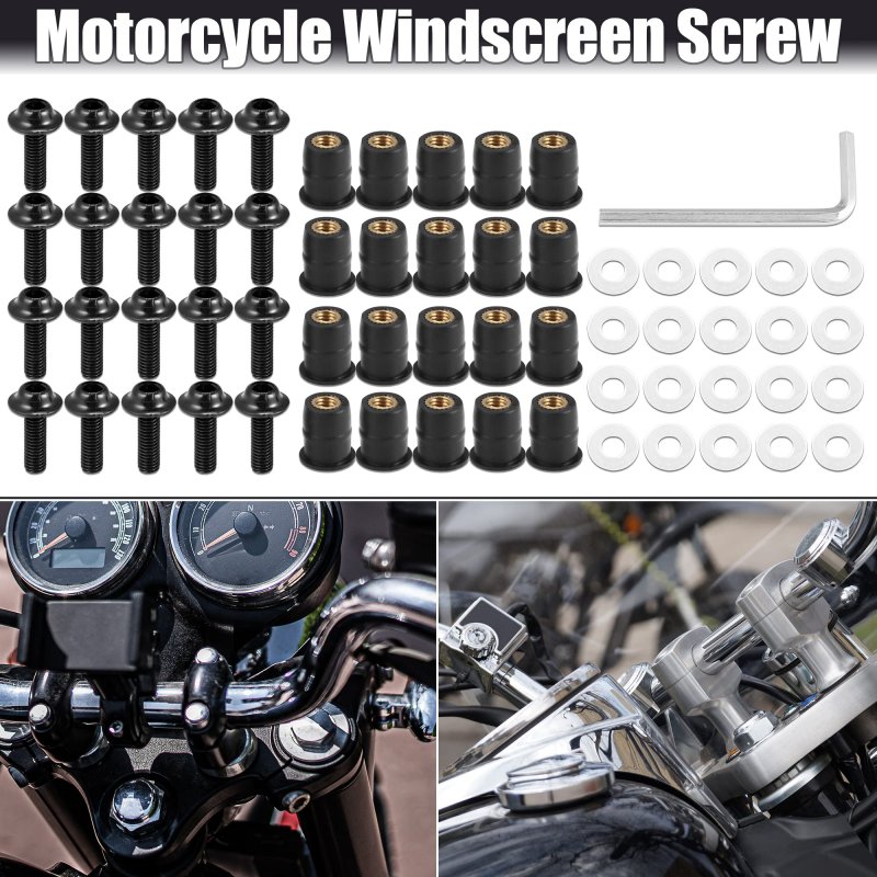 20pcs M5 5mm Motorcycle Windscreen Screws Fairing Bolt Windshield Mounting Nuts Installation Black