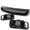 Auto Dynasty Front Bumper Black Mesh Style Grille Bundle With Pair Of Clear Lens Driving Fog Lamps Lights For Honda Civic 99-00 