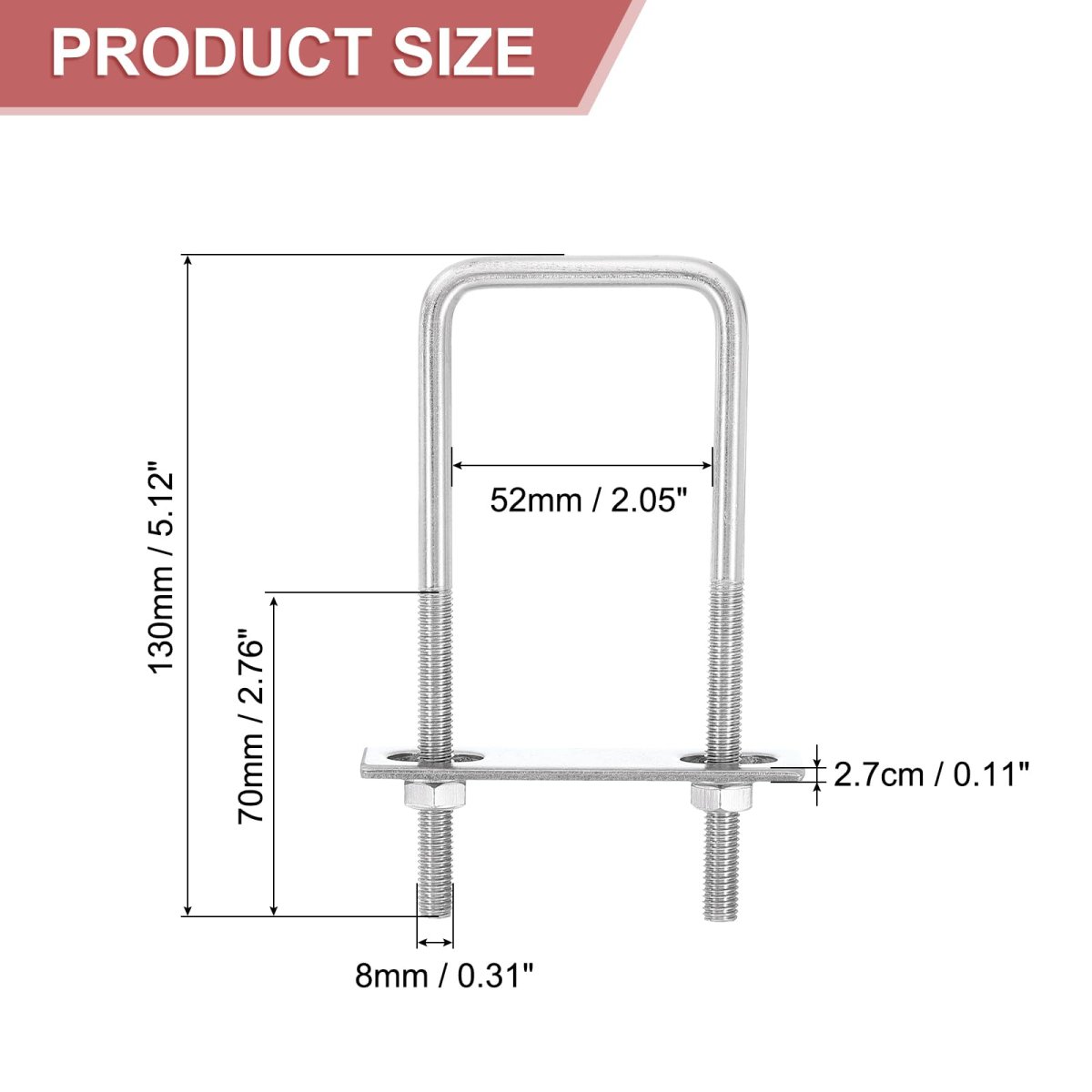 4sets 304 Stainless Steel Square U-bolts 2 05 52mm Inner Width 5 12 130mm Length M8 With Nuts Frame Plate Gasket For