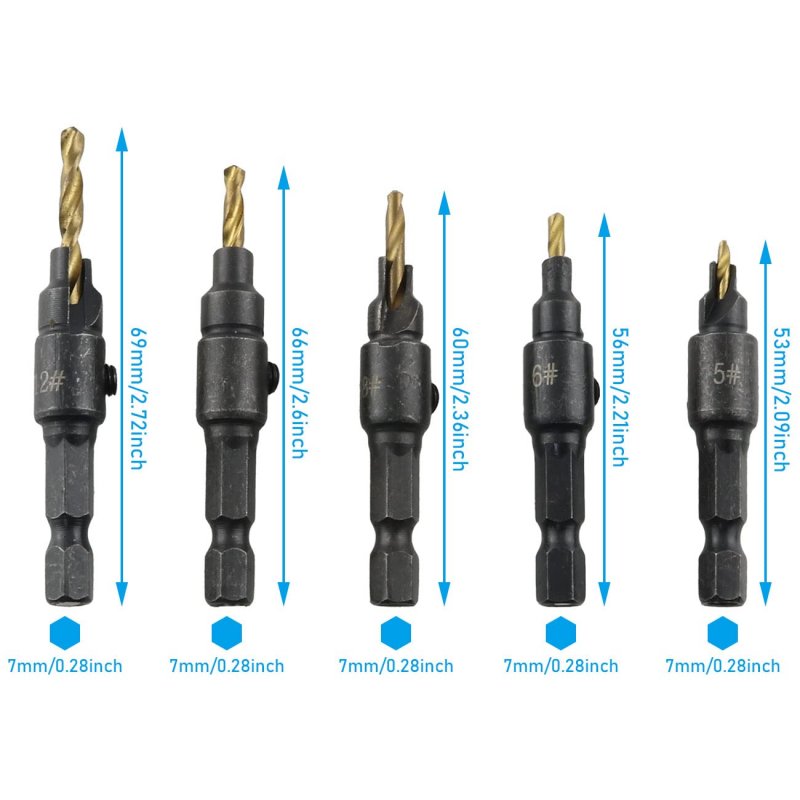 Countersink Drill Bit Set For Wood And Plastic High Speed Steel Hex Shank Quick Change Pre Hole Pilot 82 Degrees 5 Piece With