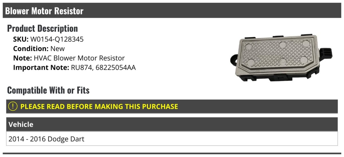 Hvac Blower Motor Resistor For 2014-2016 Dodge Dart