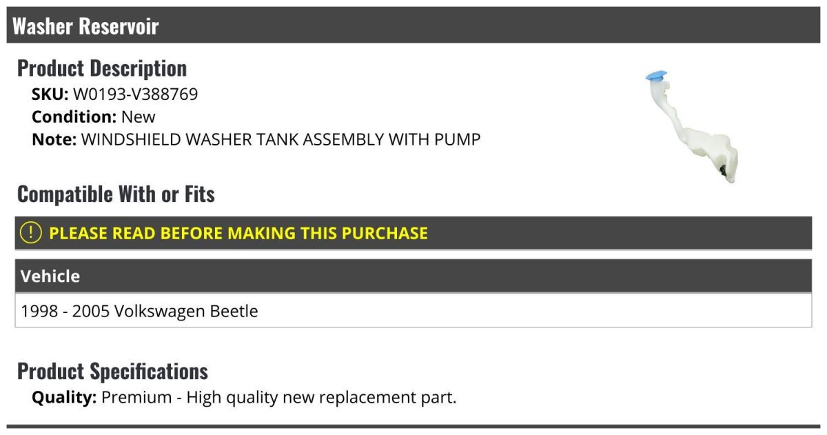 Windshield Washer Fluid Reservoir With Pump For 1998 2005 Volkswagen Beetle W0193 V388769