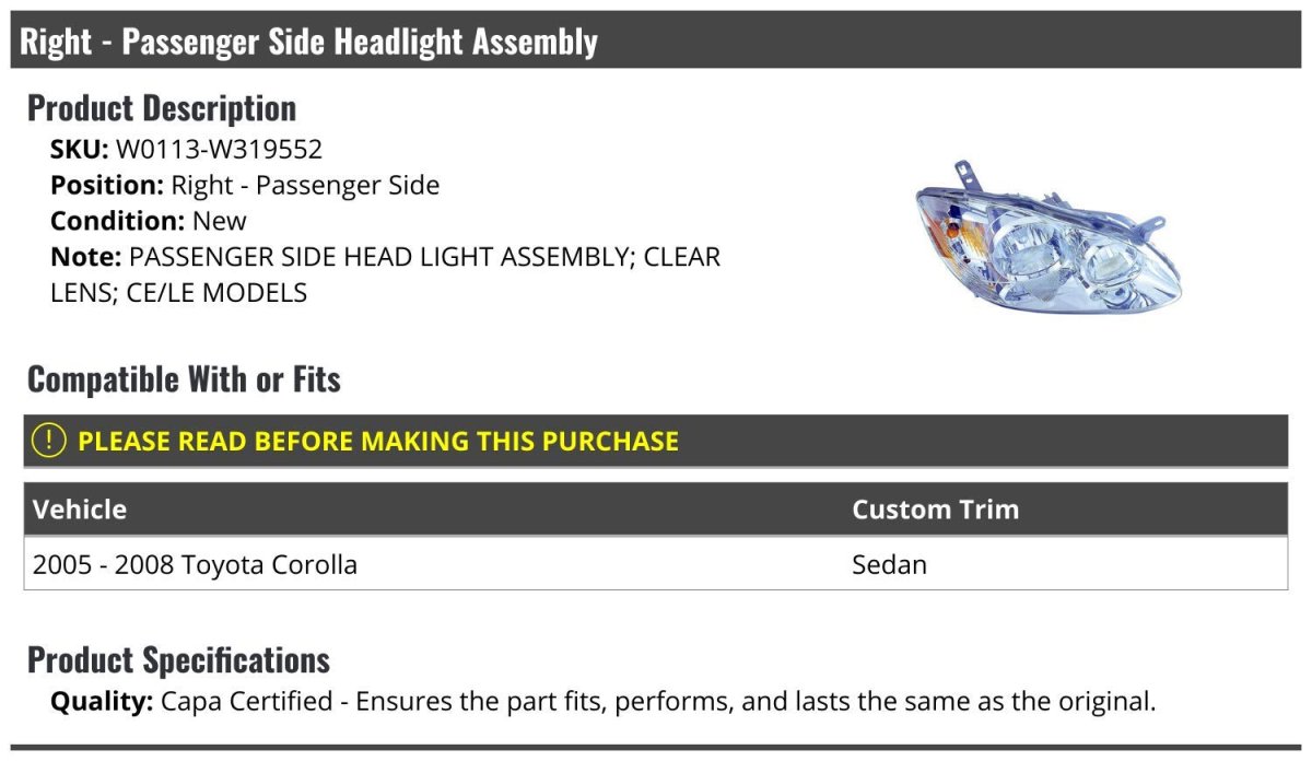 Right Passenger Side Headlight Assembly For 2005-2008 Toyota Corolla