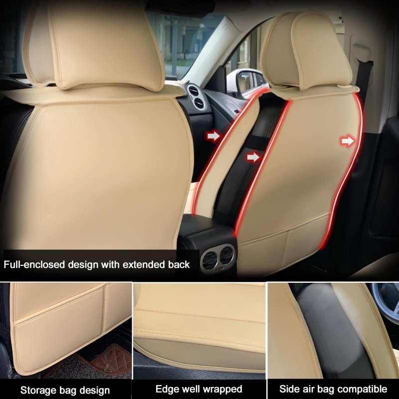 Universal Car Seat Covers Full Set Front And Rear Beige Pu Leather Waterproof Cushion Protector For Suv Pickup Trucks Sedans