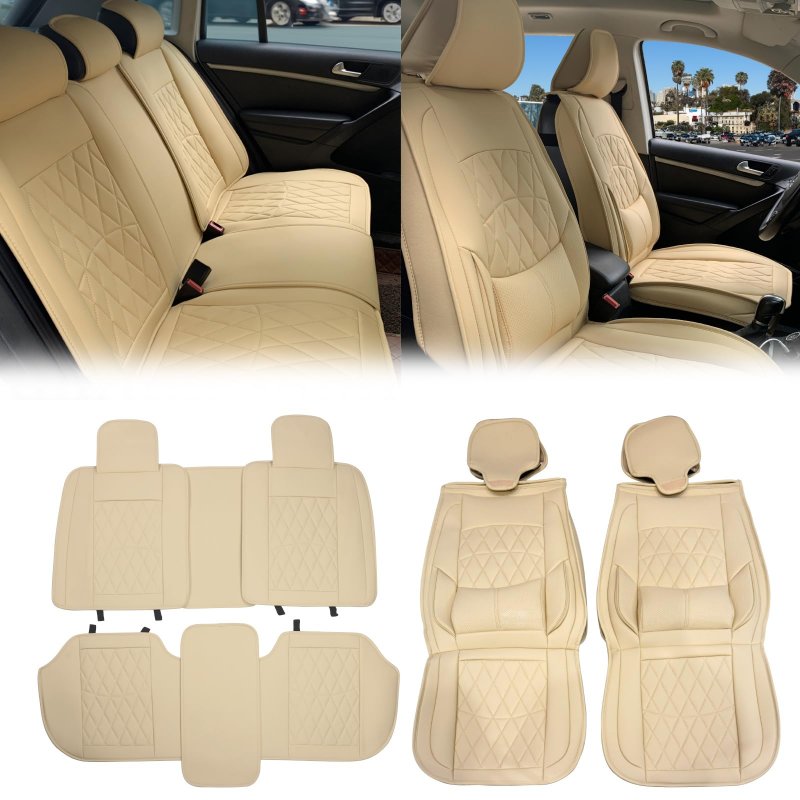 Universal Car Seat Covers Full Set Front And Rear Beige Pu Leather Waterproof Cushion Protector For Suv Pickup Trucks Sedans