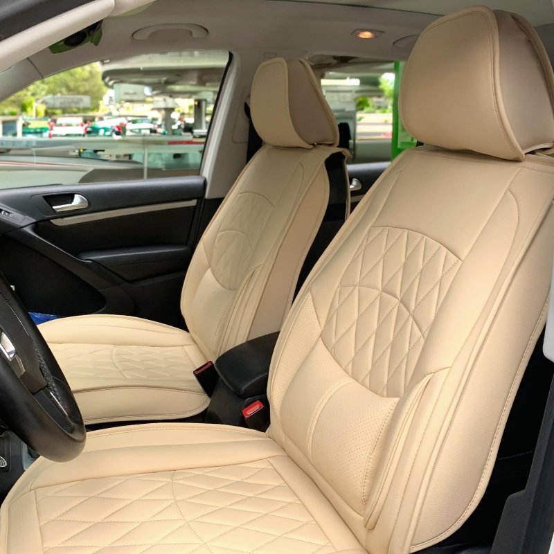 Universal Car Seat Covers Full Set Front And Rear Beige Pu Leather Waterproof Cushion Protector For Suv Pickup Trucks Sedans