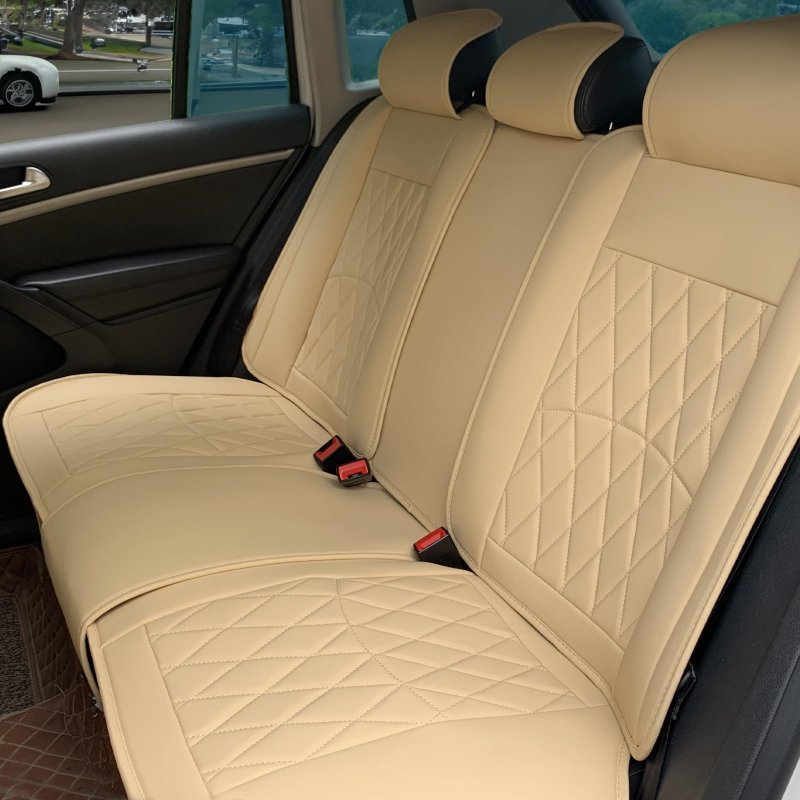 Universal Car Seat Covers Full Set Front And Rear Beige Pu Leather Waterproof Cushion Protector For Suv Pickup Trucks Sedans