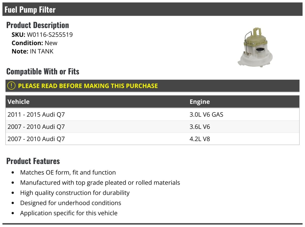 Fuel Pump Filter In Tank For 2007-2015 Audi Q7