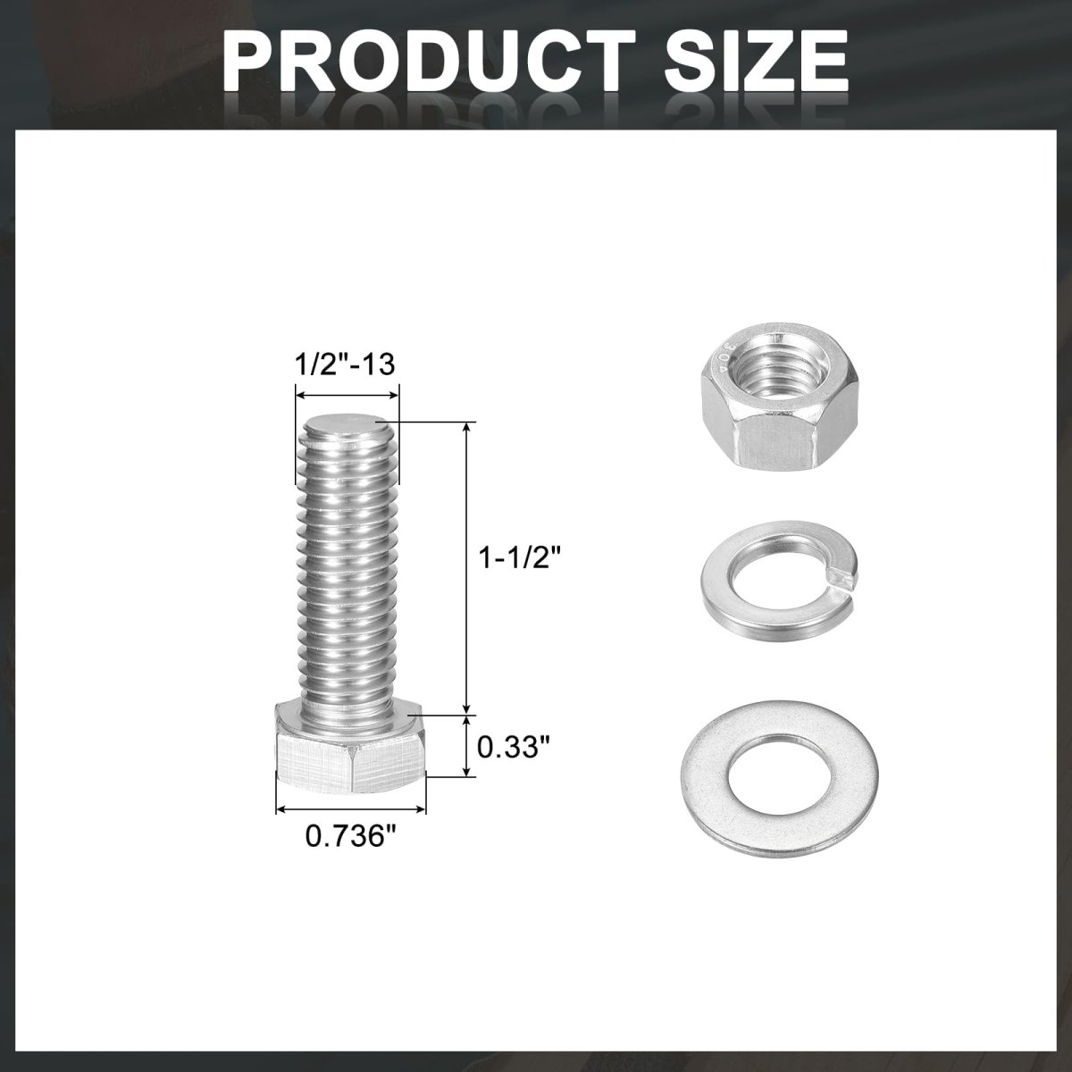 10set Hex Head Screw Bolt 1 2-13 X 1-1 2 304 Stainless Steel Fully Threaded With Nuts Flat Lock Washers Silver