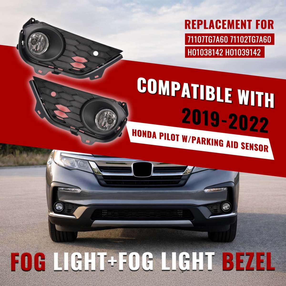 Hecasa Pair Fog Light W Bezel For 2019-2022 Honda Pilot Models With Parking Aid Sensor Replacement Ho1038142 Ho1039142 Driving