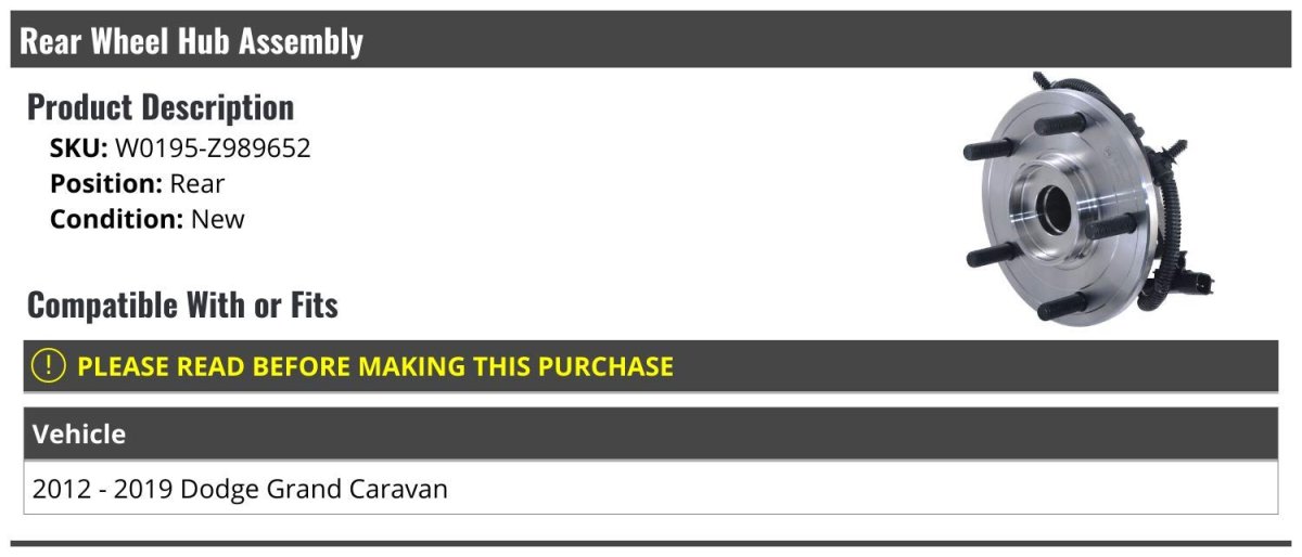 Rear Wheel Hub Assembly For 2012-2019 Dodge Grand Caravan