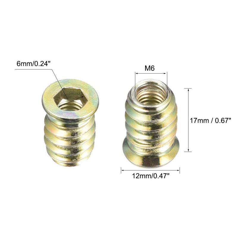 Wood Furniture M6x17mm Threaded Insert Nuts Interface Hex Socket Drive 100pcs