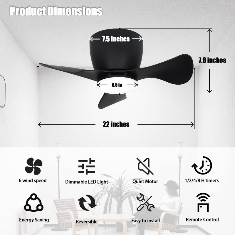 Gesum Ceiling Fan With Lights 22 Lnch Small Light 3 Reversible Blades Low Profile For Kitchen Bedroom Dining Room Colors 6
