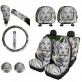 Keiahuan Front And Rear Bench Seat Cover Full Set White Tiger Steering Wheel Car Headrest Key Chains Coaster Gear Shift Knob 