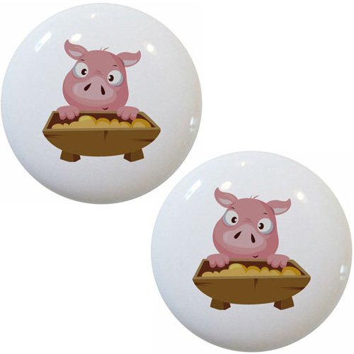 Set Of 2 Pig And Trough Ceramic Cabinet Drawer Knobs