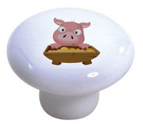 Set Of 2 Pig And Trough Ceramic Cabinet Drawer Knobs