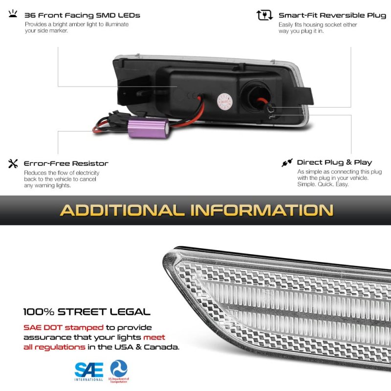 Front Full Led Amber Side Marker Lamps For 2005-2010 Vw Gti Jetta Rabbit R32 Mk5 Clear Lens Left Driver Right Passenger Pair