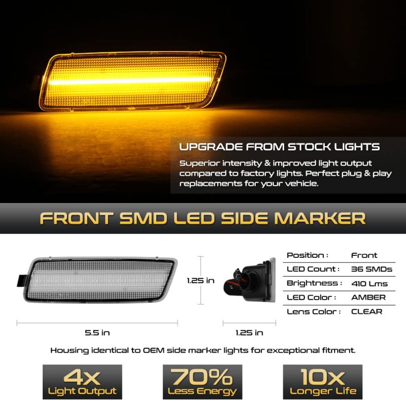 Front Full Led Amber Side Marker Lamps For 2005-2010 Vw Gti Jetta Rabbit R32 Mk5 Clear Lens Left Driver Right Passenger Pair