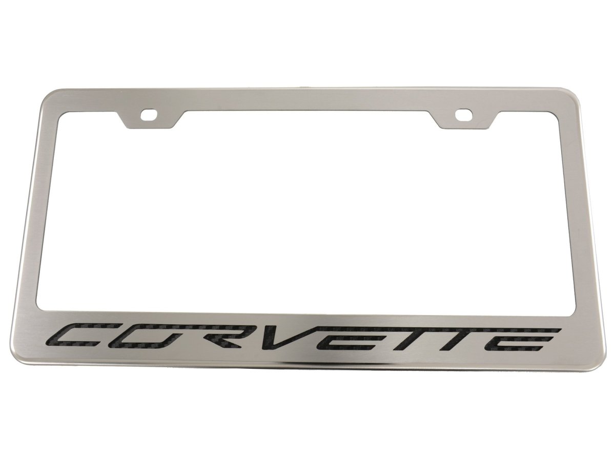 Corvette Script License Plate Frame Polished Stainless Steel With Black Carbon Fiber Look For Rear Vehicle Specific Fit