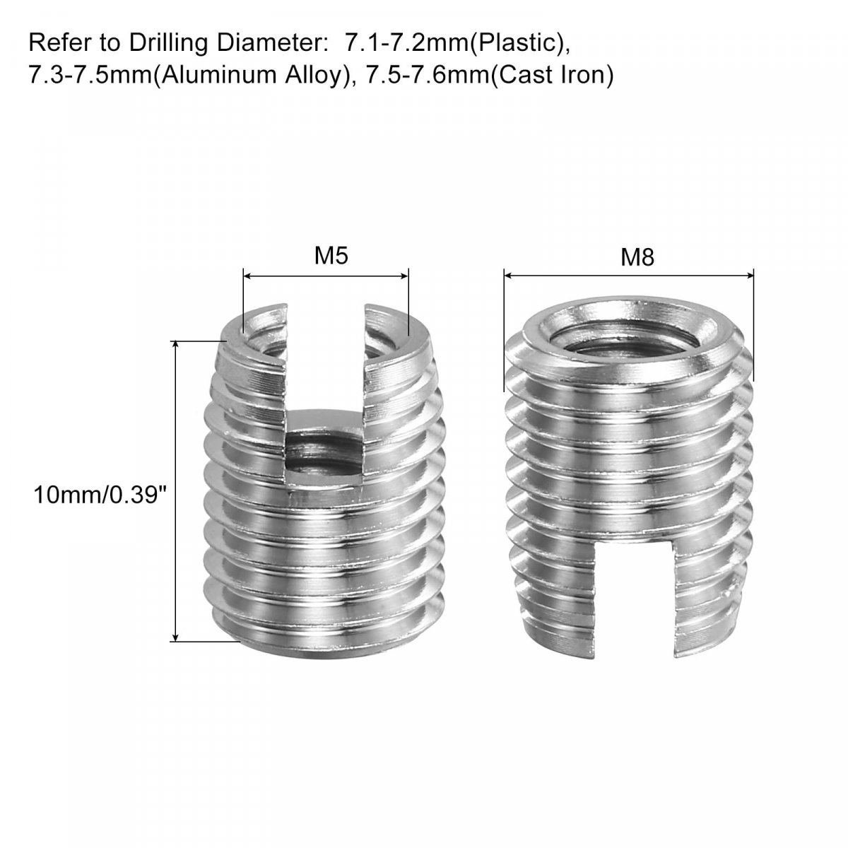 Self Tapping Threaded Inserts 15pcs Inner M5-0 8 Outer M8x10 303 Stainless Steel Slotted Thread Repair Nuts