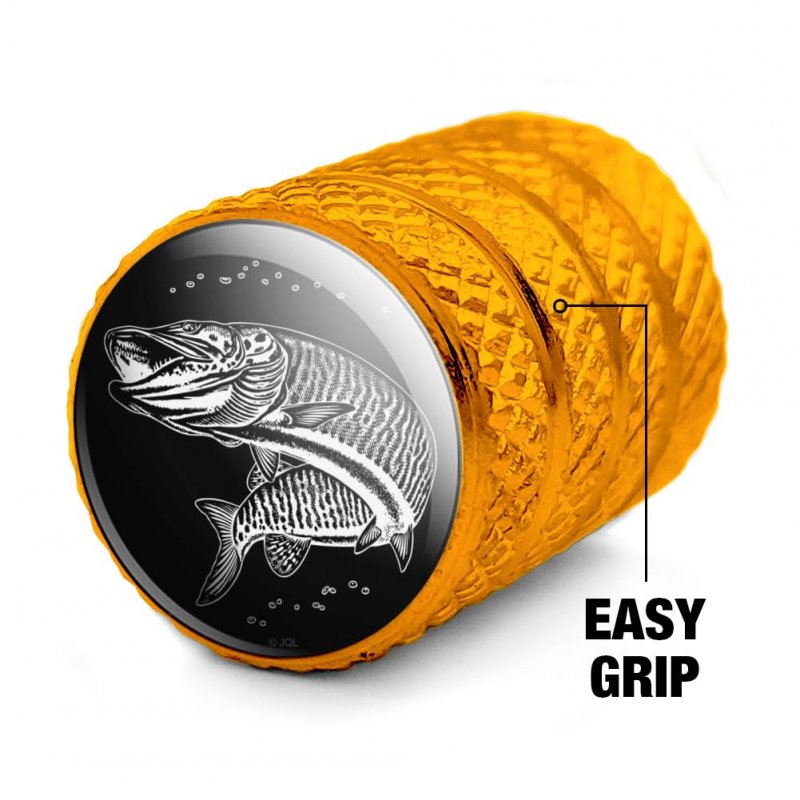 Musky Fishing Illustration Valve Stem Caps For Tire Rim Wheel Aluminum Yellow