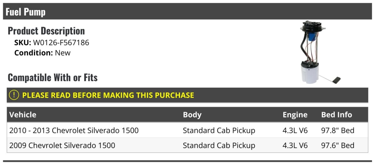 Fuel Pump Assembly For 2009 To 2013 Chevy Silverado 1500 Standard Cab Pickup 4 3l V6 Fits 97 8 In And 6 Bed Models