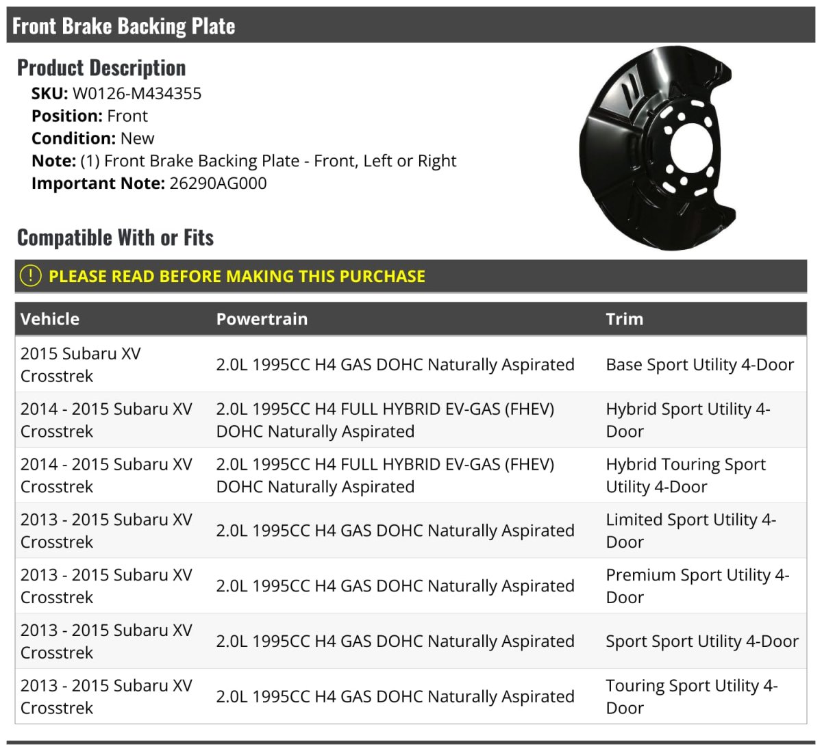 Front Brake Backing Plate For 2013-2015 Subaru Xv Crosstrek