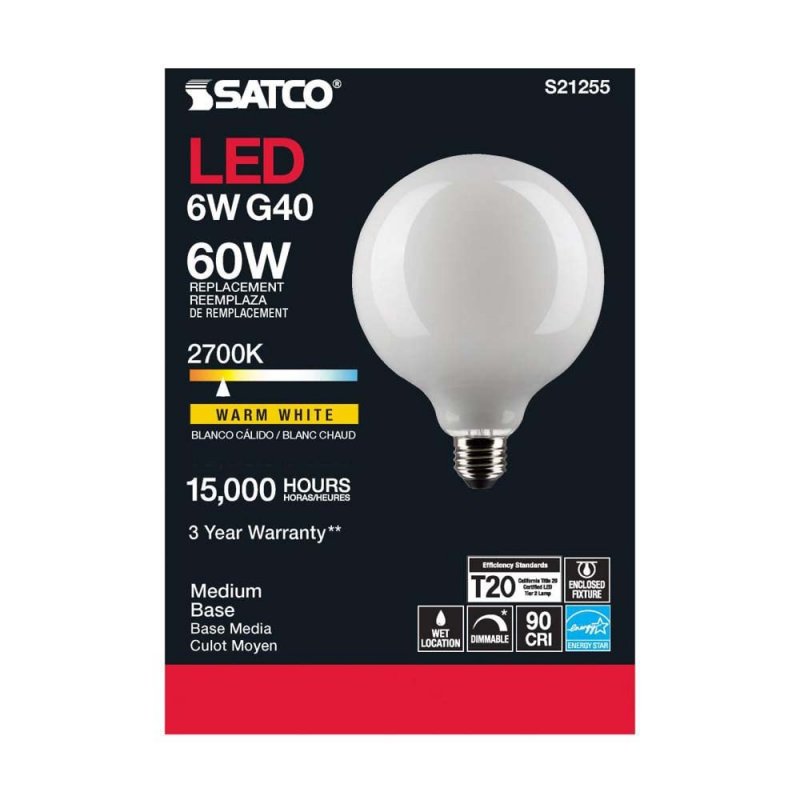 S21255 G40 Led Bulb 6 Watt Warm White 2700k E Medium Base Dimmable 6 Pack 500 Lumens 60 Equivalent Finish
