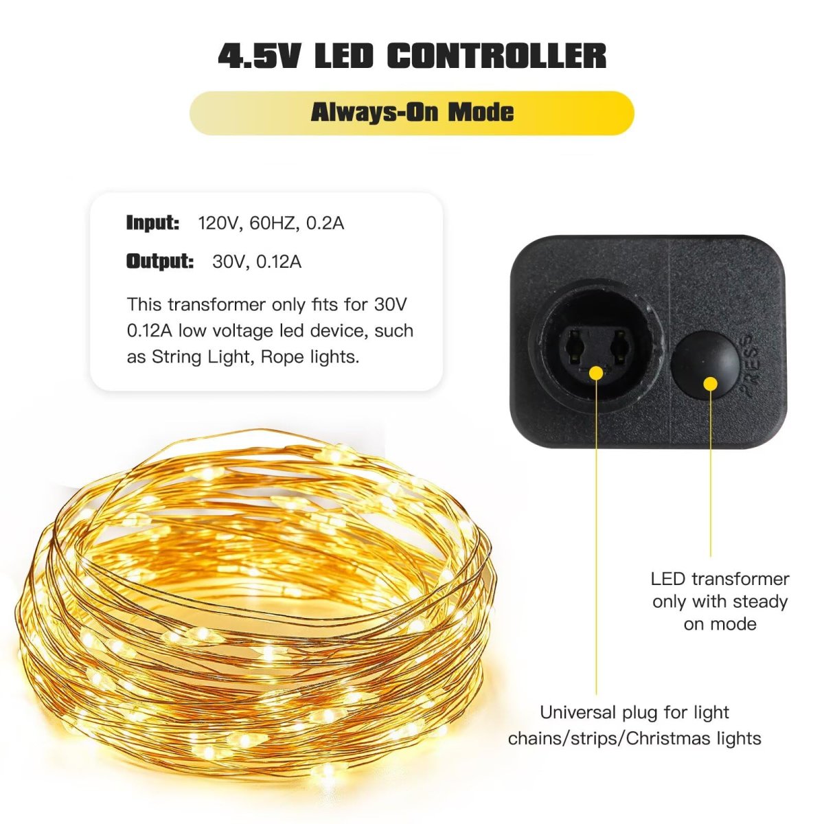 Led String Light Controller 8 Mode Power Adapter With Memory And Ip44 Rating 30v 3 6w 0 12a