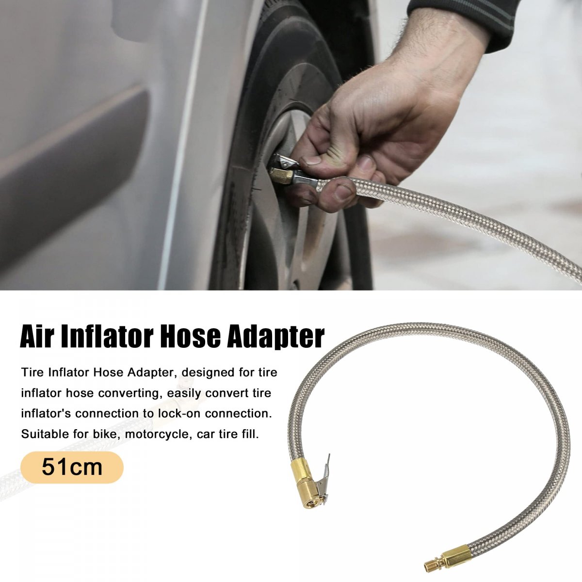 Flexible Stainless Steel 51cm 20 Tire Valve Connect Pipe Air Chuck Inflator Compressor Pump Extension Hose For Car Motorbike