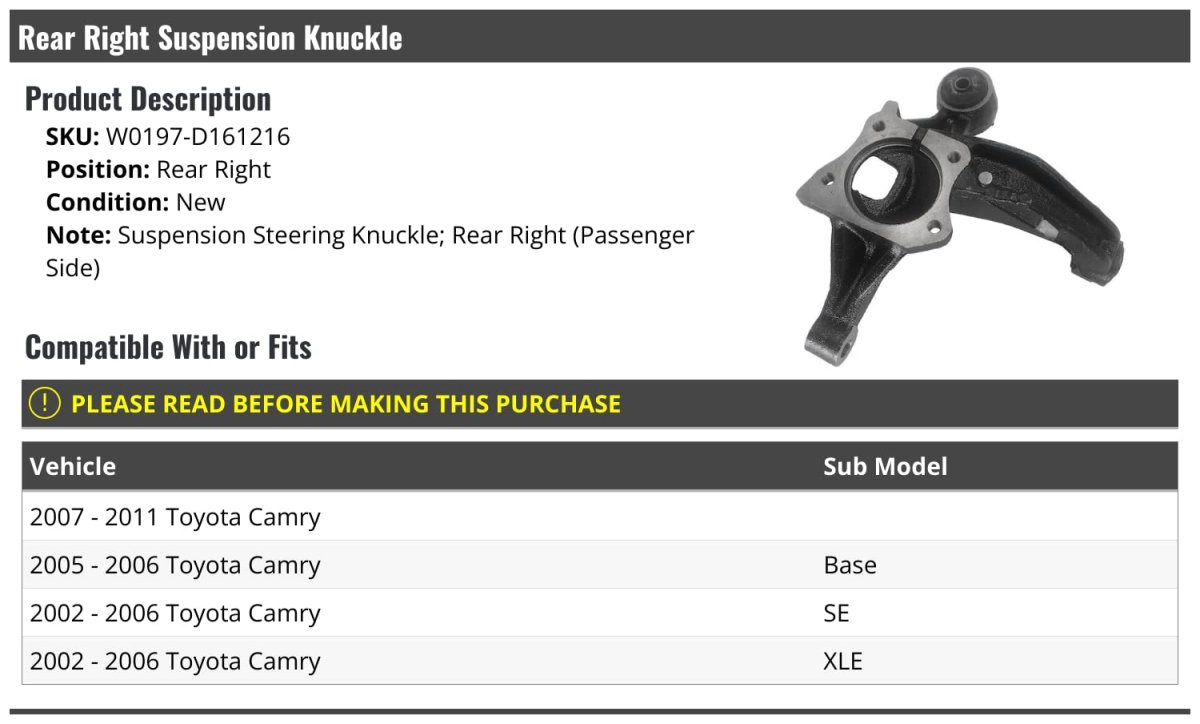 Rear Right Passenger Side Suspension Knuckle For 2002-2011 Toyota Camry